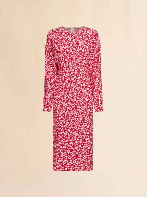Satin midi dress with red and white Pop Fields motif - Dresses