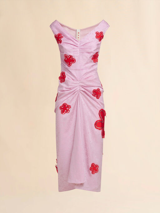 Pink silk jaquard dress with flower patches and sequins - Dresses