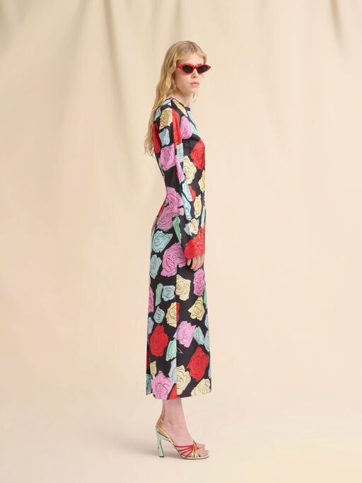 Black silk long-sleeve dress wih Orion print - Dresses