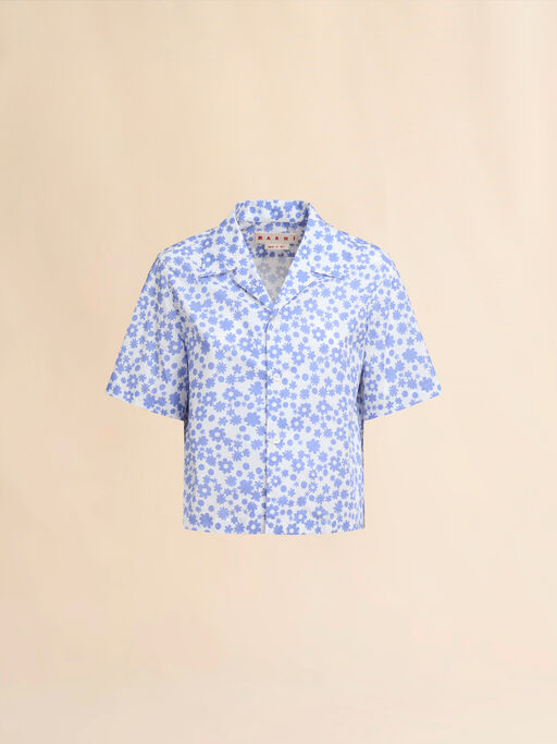 Poplin bowling shirt with blue and white Pop Fields motif - Shirts