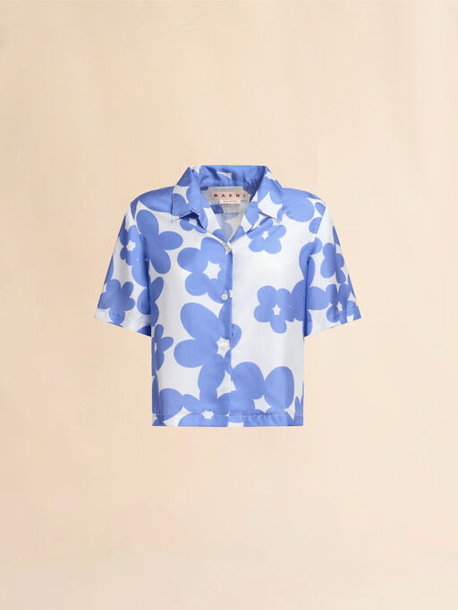 Silk bowling shirt with blue and white Dillies motif - Shirts