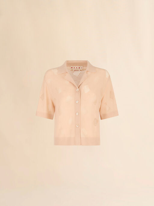 Pale peach wool-silk knit openwork shirt - Shirts
