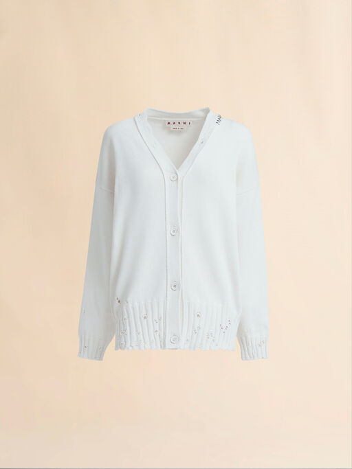White dishevelled cotton cardigan with Marni Mending logo - Pullovers