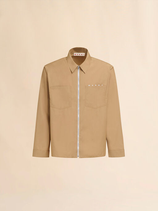 Beige organic poplin zip shirt with hidden logo - Shirts