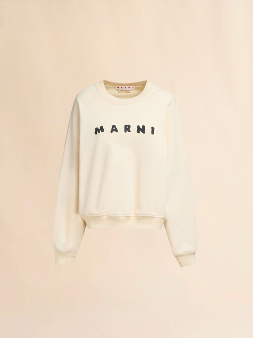 Ivory cotton crewneck T-shirt with printed Marni logo - Sweaters