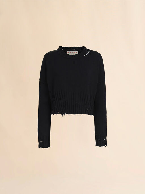 Black dishevelled cotton cropped jumper - Pullovers