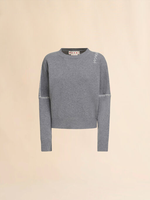 Grey wool and cashmere crew neck jumper with Marni Symbol - Pullovers