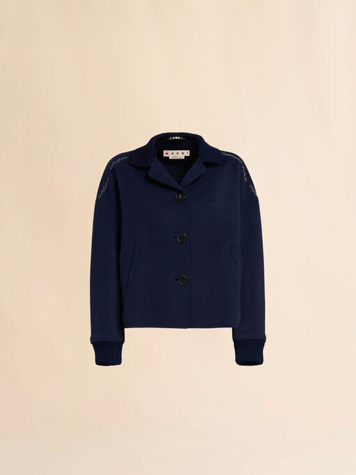 Deep blue wool and cashmere jacket with knit trims - Jackets