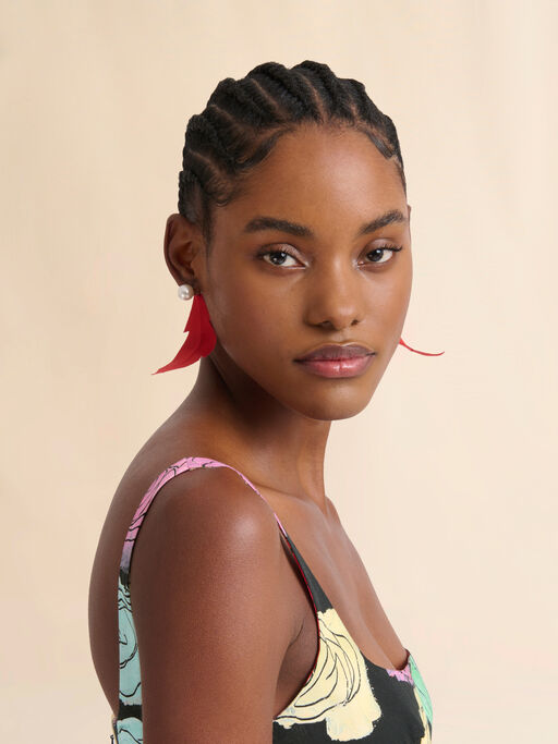 Red fabric feather earrings - Earrings