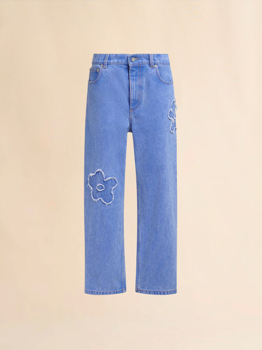 Light blue denim boyfriend jeans with patch details - Pants