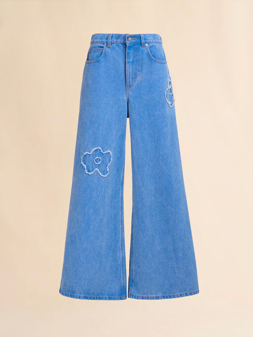 Light blue denim wide leg jeans with patch detail - Pants
