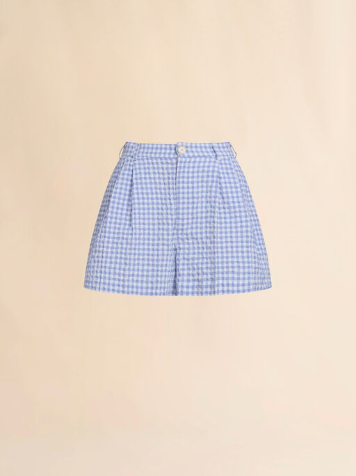 Light blue and white checked seersucker shorts - Pants