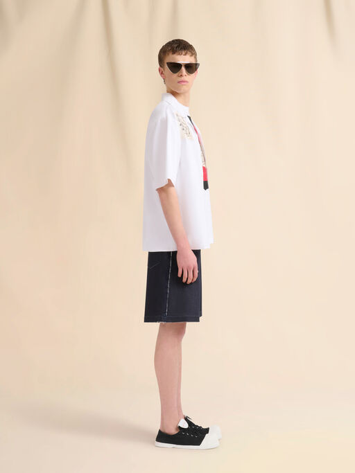 Deep blue stretch denim trompe l'oeil Bermuda shorts - Pants