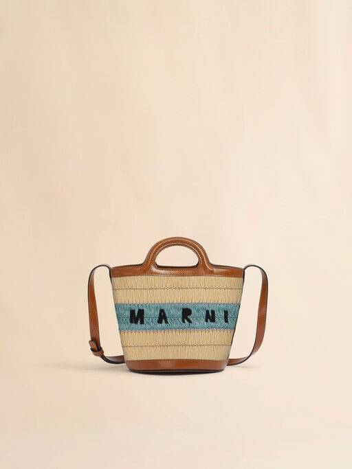 Raffia effect and blue crochet Tropicalia mini bucket bag - Shoulder Bags