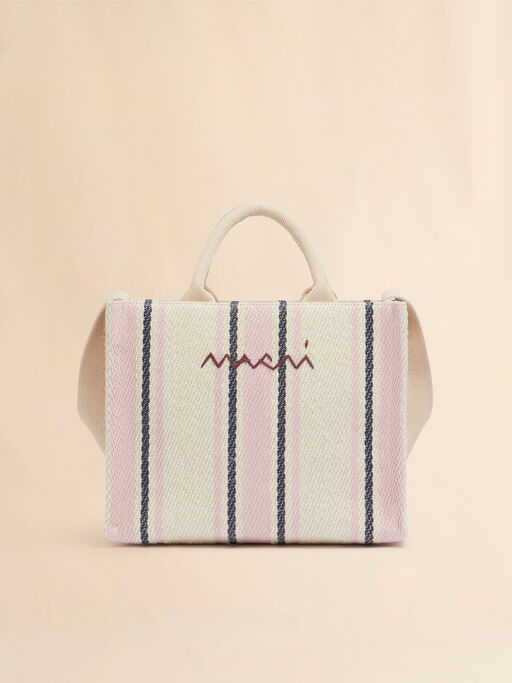 Cream pink and blue striped raffia-effect small Tote Bag. - Shopping Bags