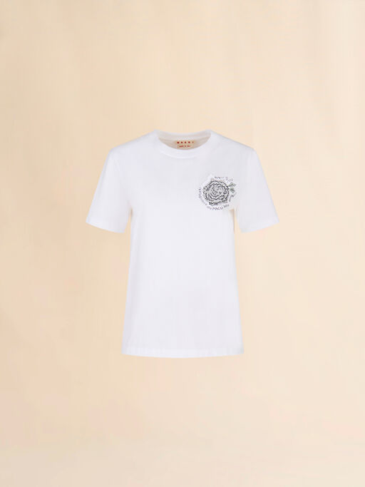 White cotton T-shirt with rhinestone rose - T-shirts