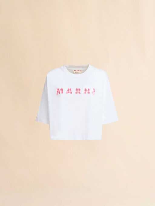 White jersey cotton T-shirt with checked Marni logo - T-shirts